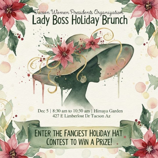 Advertisement for Lady Boss Holiday Brunch with floral design and silhouette of a woman wearing a festive hat.